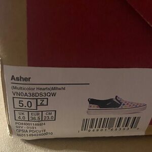 Vans Asher Slip-On Sneakers - White with Multicolor Hearts Size 5